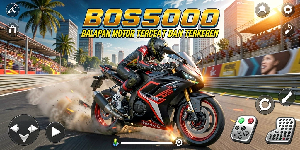 Tampilan gameplay mendebarkan dari BOS5000 saat balapan motor.