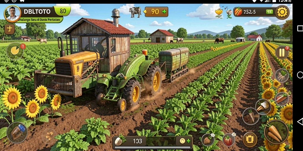 Tampilan seru gameplay DBLTOTO yang penuh warna di dunia pertanian.