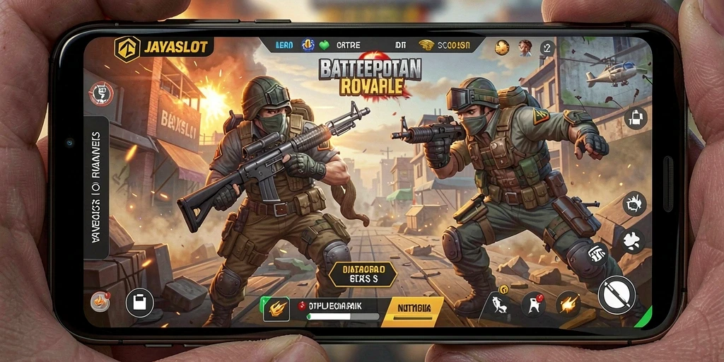 Gameplay intens JAYASLOT di arena Battle Royale.
