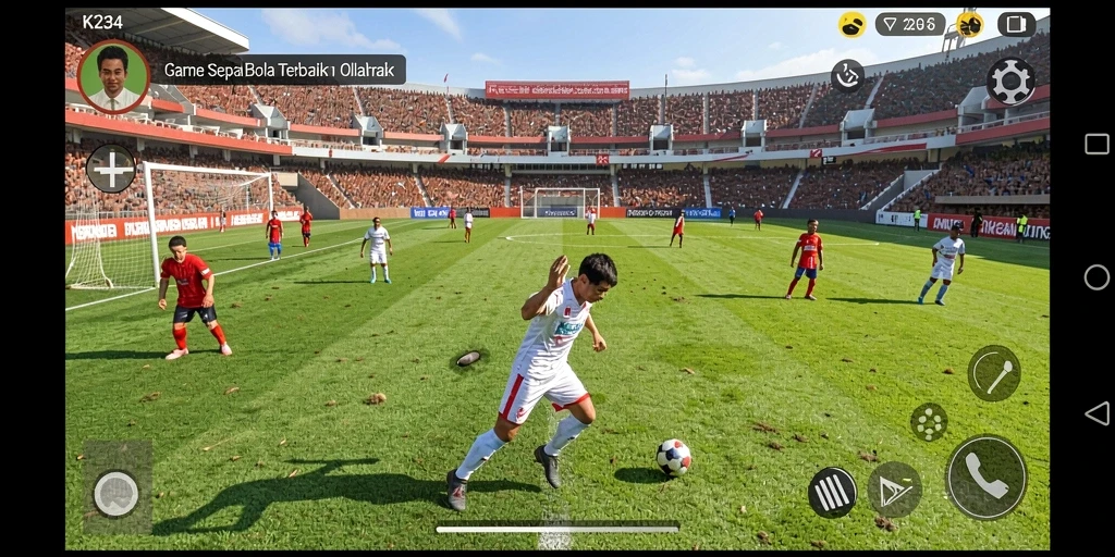 Screenshot utama K234 menampilkan pemain beraksi dalam pertandingan sepak bola yang intens.