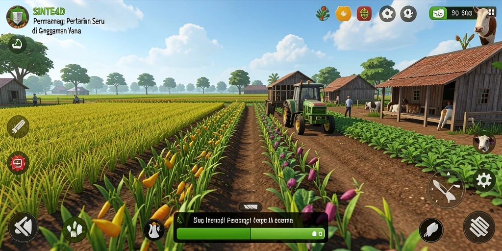 Screenshot gameplay SINTE4D menampilkan lahan pertanian yang rimbun dan aktif.