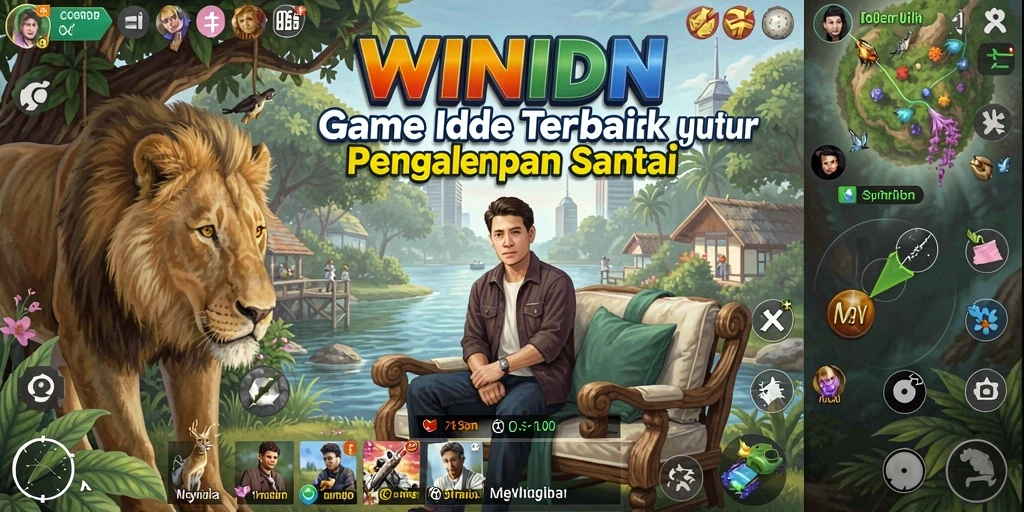 Screenshot gameplay WINIDN yang menunjukkan karakter mengumpulkan sumber daya secara otomatis.